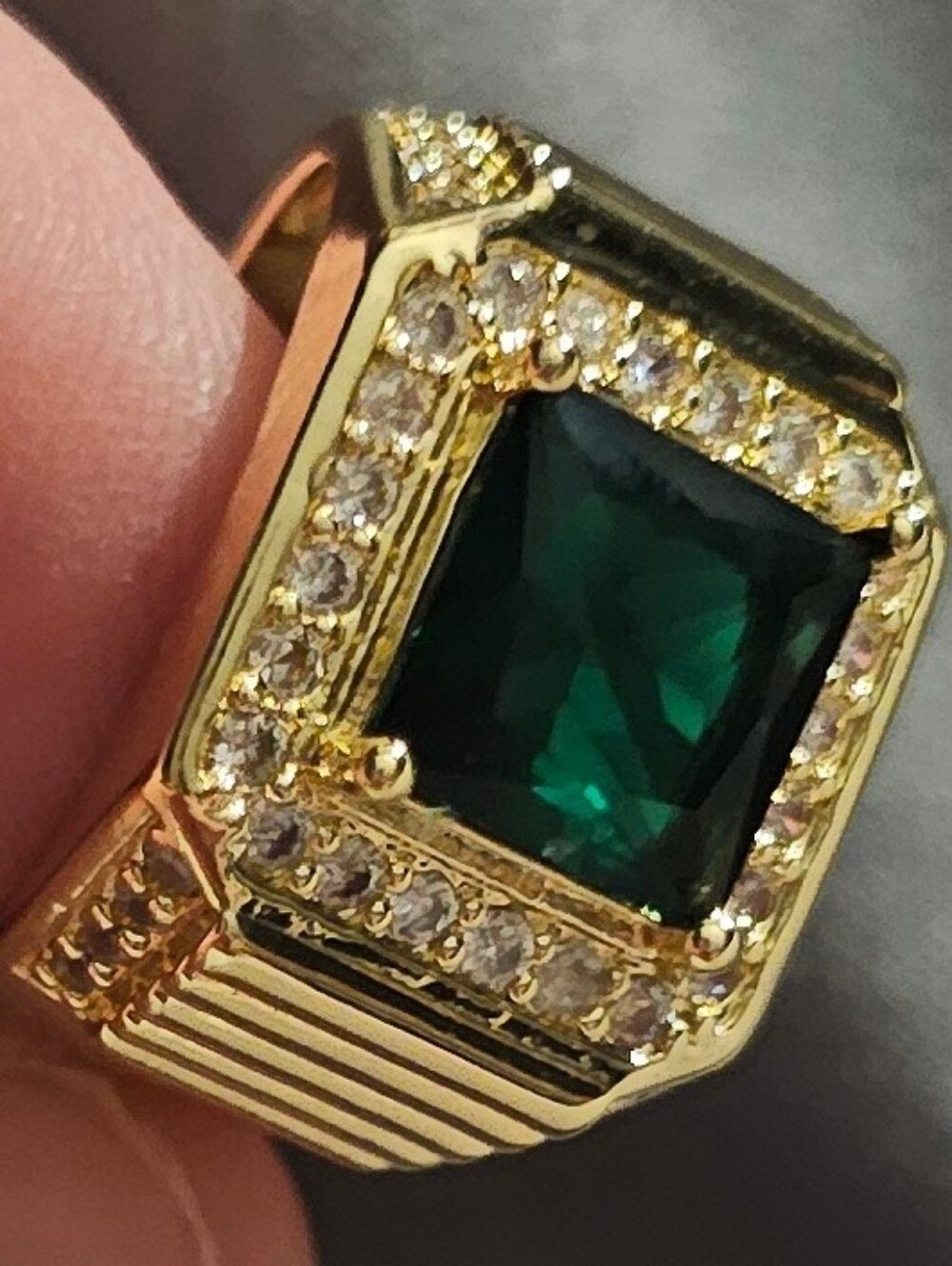 Gold Tone Emerald Color Center Statement Ring with Clear Accents